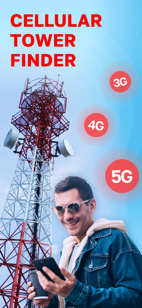 Cellular Tower － Signal Finder - Immagine promozionale per l'app Cellular Tower Finder che mostra un uomo che usa uno smartphone vicino a una torre cellulare con indicatori di segnale 5G 4G e 3G