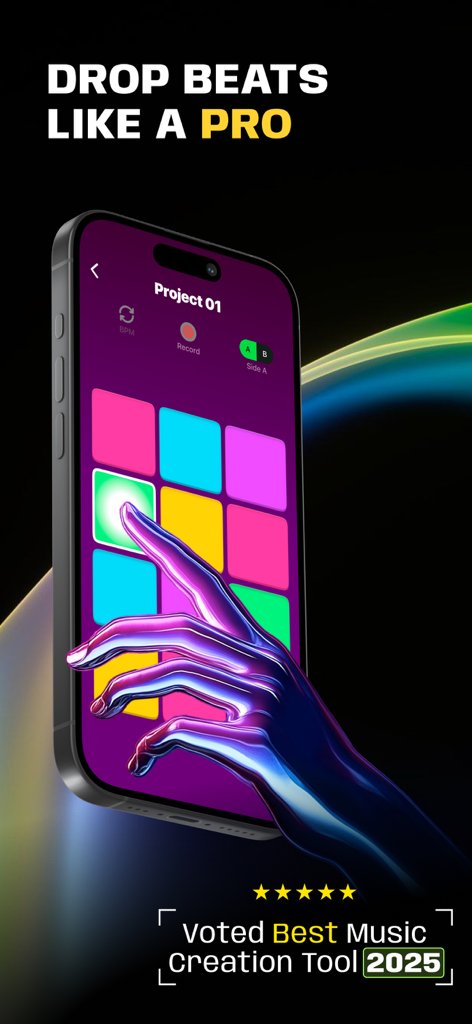 Smartphone screen displaying the Beat Maker Studio app interface with a colorful drum pad grid and a hand touching a tile