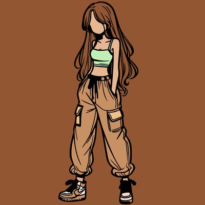 girl in baggy pants crop top and long hair