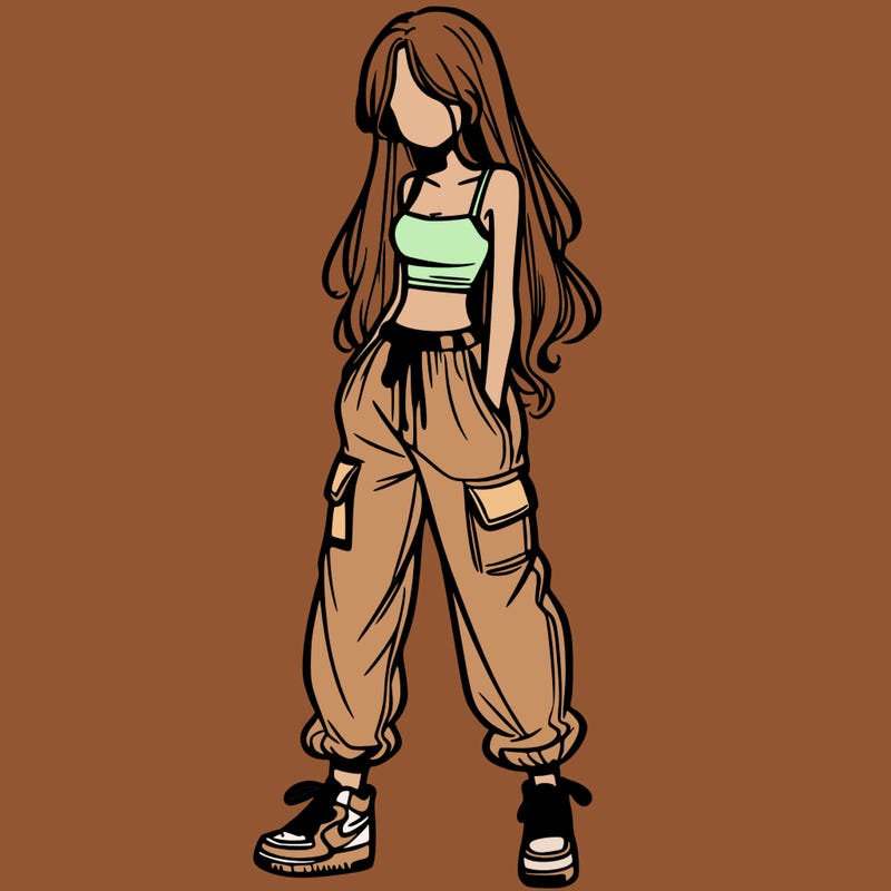 girl in baggy pants crop top and long hair