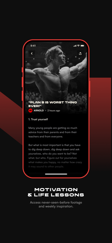 Interface of the Pump Club app showing an article by Arnold Schwarzenegger about motivation and life lessons.