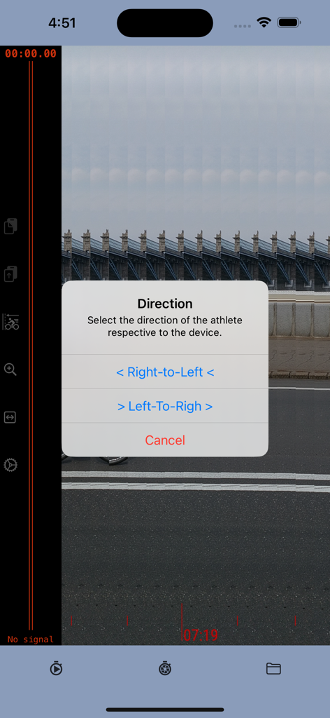 Interfaz de la app Photo finish mostrando un menú emergente para seleccionar la dirección del atleta entre de derecha a izquierda o de izquierda a derecha