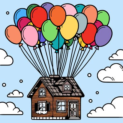 house floating from lots of balloons
