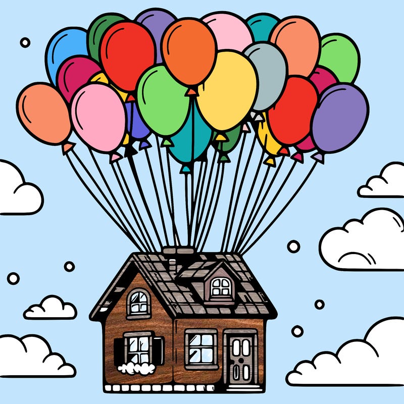 house floating from lots of balloons