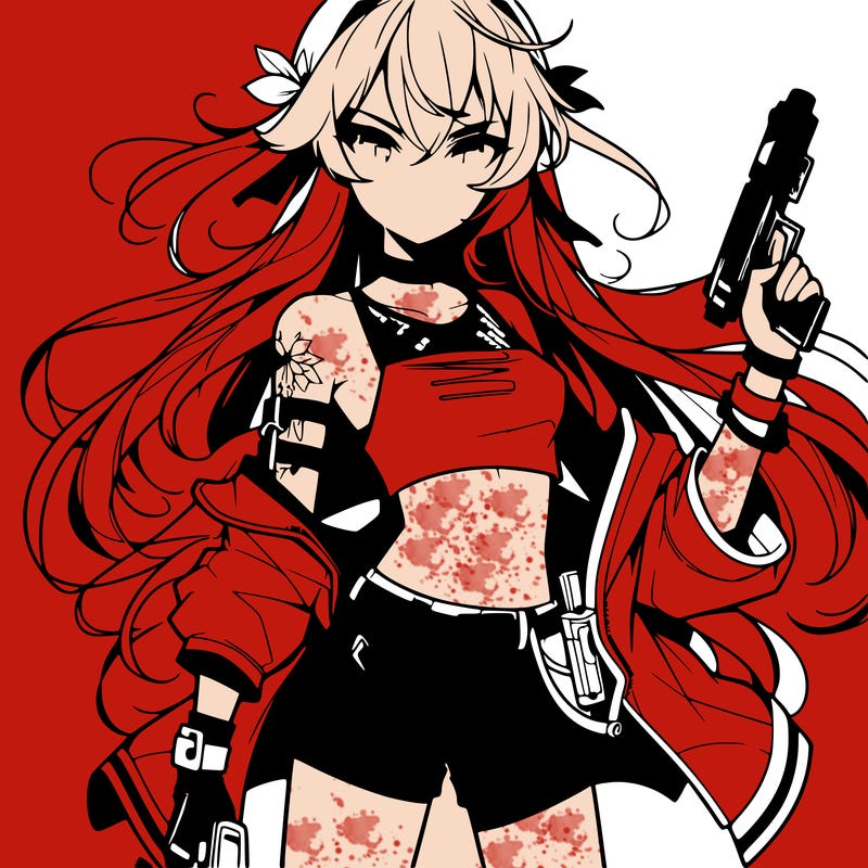 bad girl wearing crop top holding a gun long hair anime