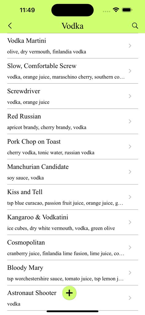A list of curated vodka cocktail recipes with ingredients in a clean mobile app interface