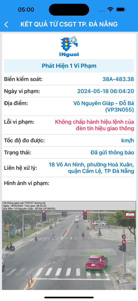 iNguoi - Tra Cứu Phạt Nguội - iNguoi app screen showing details and photo evidence of a traffic violation in Vietnam