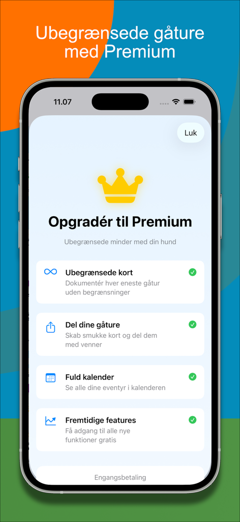 Dog forest - Premium upgrade screen for the Dog Forest app featuring a one-time payment option for unlimited maps and sharing
