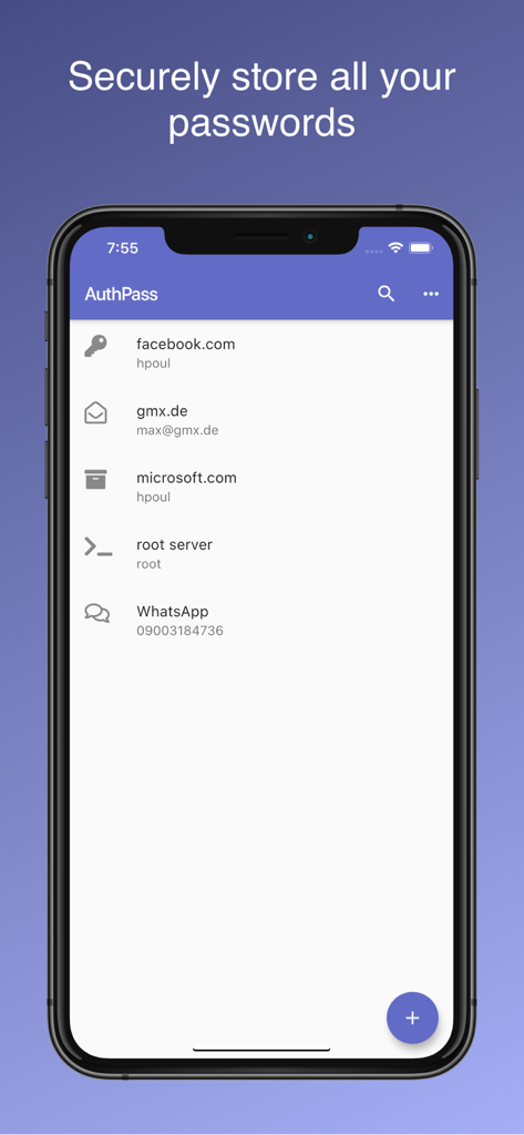 AuthPass – Password Manager - AuthPass app interface showing a list of securely stored passwords for various accounts like Facebook and Microsoft on an iPhone