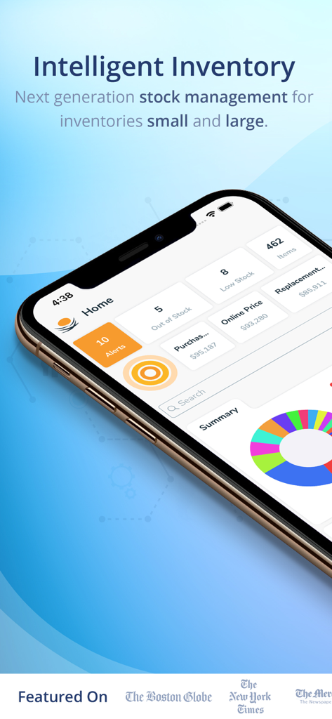 Pantalla del iPhone que muestra el panel de la aplicación Nest Egg con alertas de inventario y gráficos de gestión de stock