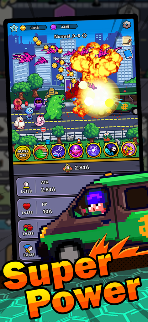 Legends of Monster Idle RPGで、ピクセルアートのモンスターが都市を破壊し、大規模な爆発を引き起こしている