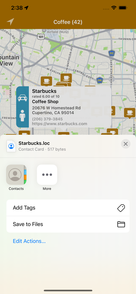 Coffee Land - Interfaz de la aplicación Coffee Land que muestra un mapa con un marcador de cafetería y el menú para compartir