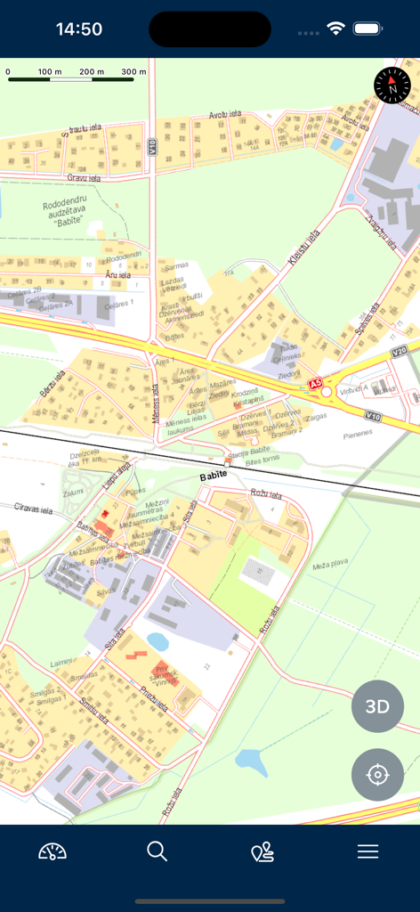 BalticMaps - Detailed topographic map view of Babite in Latvia within the BalticMaps mobile application showing streets and building footprints
