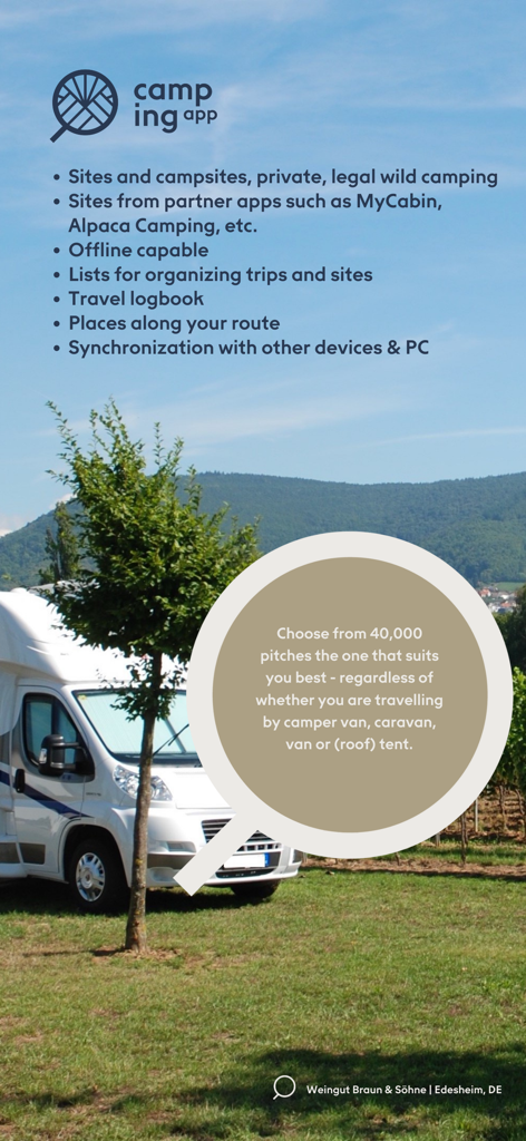 Screenshot of Camping App Eu displaying key features like offline access and 40000 European campsites with a camper van in a vineyard.