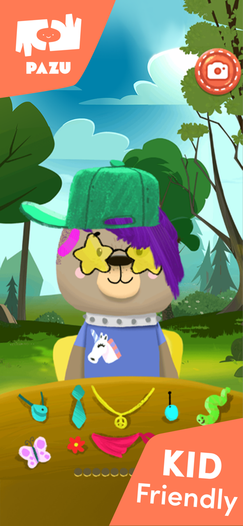 A bear character with purple hair and star-shaped glasses in a kid-friendly pet salon game