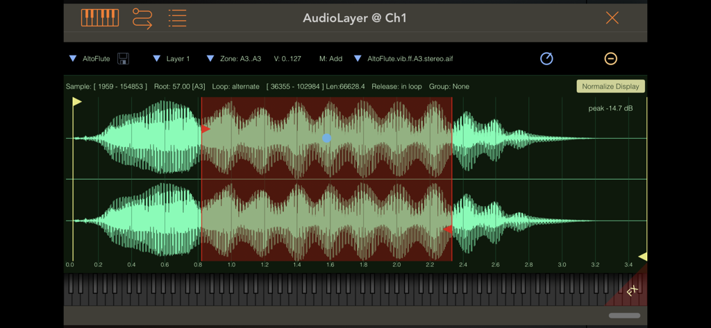 Editor de forma de onda do AudioLayer mostrando um sample de flauta contralto com uma seção de loop destacada.