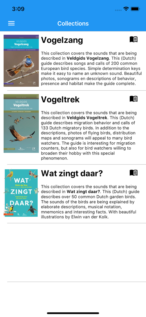 BirdSounds Europe app Collections screen displaying various bird guide books and descriptions