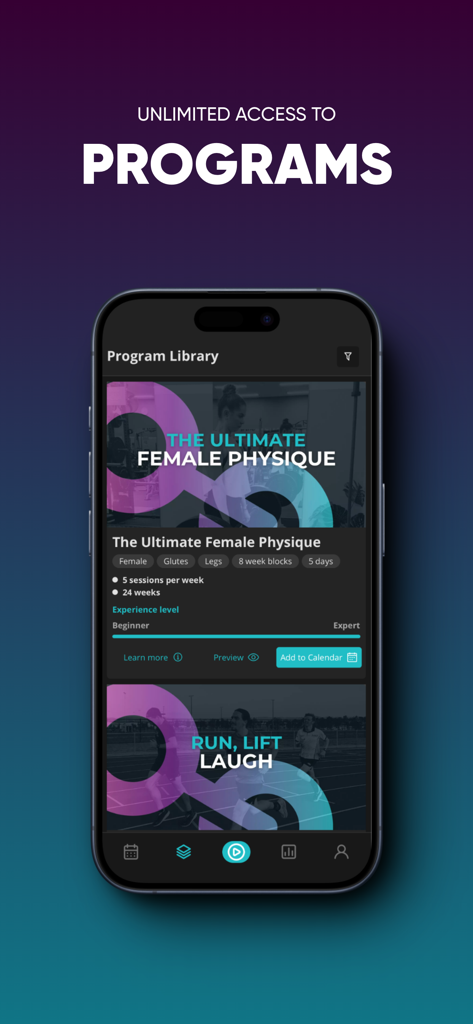Twelve20 Coaching App - Screenshot of the Twelve20 Coaching App showing a library of fitness programs including The Ultimate Female Physique.