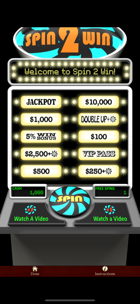 Astraware Casino - Spin 2 Win bonus game in Astraware Casino showing various prize amounts and a spin button