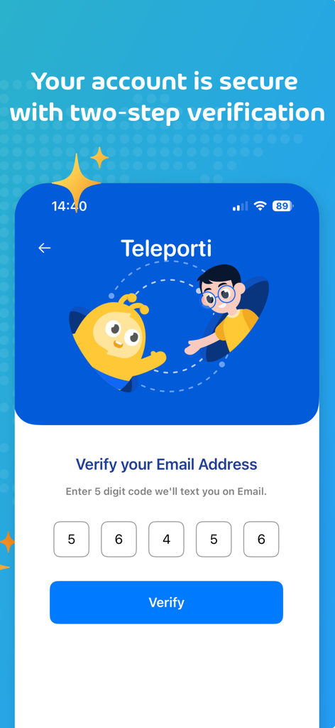 Teleporti - A screen from the Teleporti app showing two-step email verification for account security.