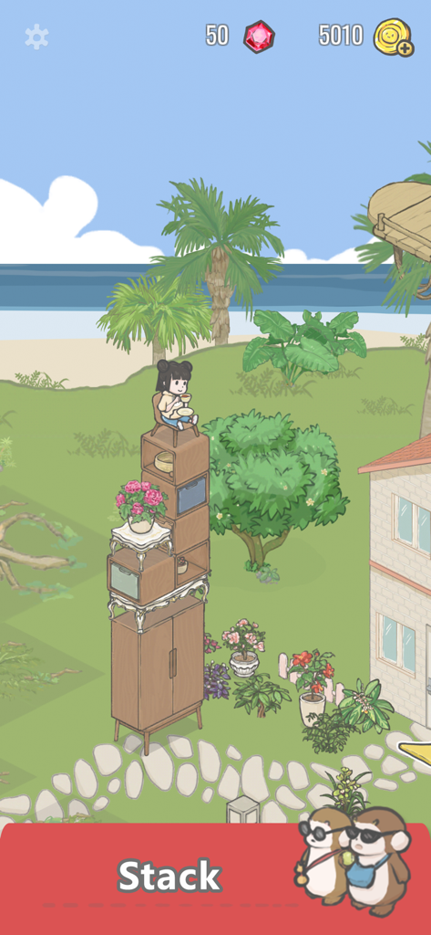 Tuana - A character sitting on top of a tall stack of furniture in a tropical yard in the Tuana app.