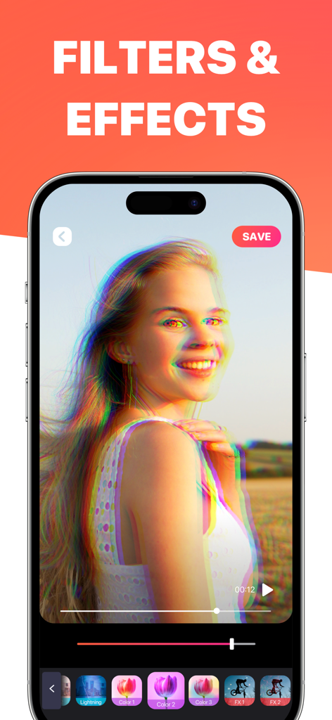 Reel Maker - Reel Maker app filters and effects interface showing a glitch style portrait edit