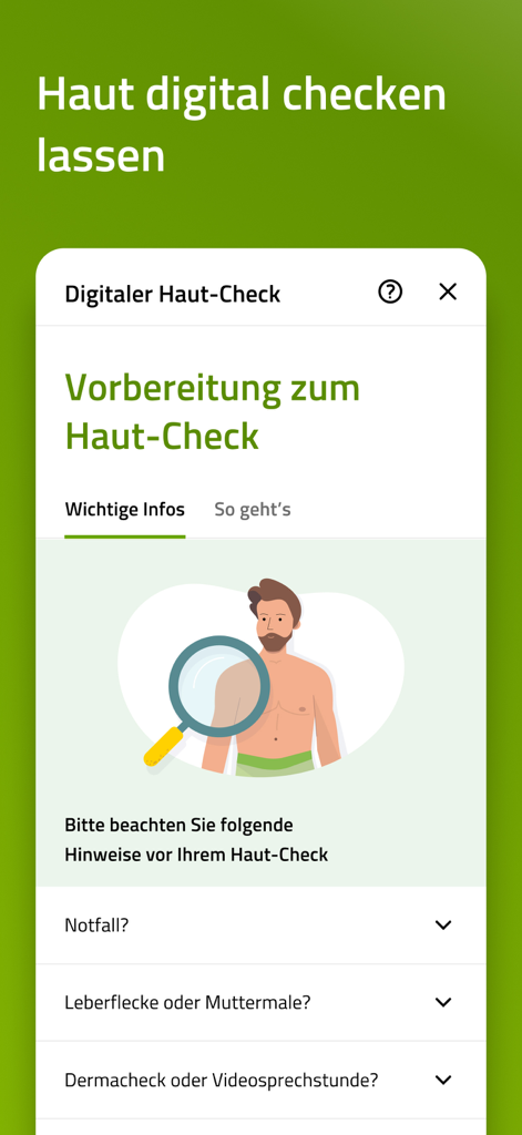 BARMER Teledoktor app interface for the digital skin check service