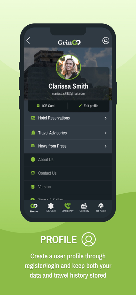 GrinGO App - Pantalla de perfil de la aplicación GrinGO que muestra información del usuario y configuraciones de viaje