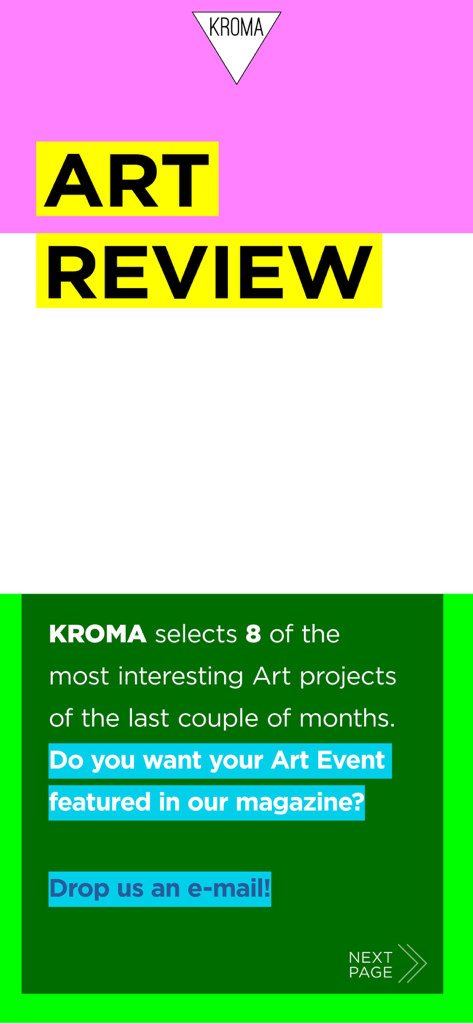 KROMA Magazine - A vibrant digital art magazine interface featuring a section for art reviews and event submissions.