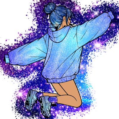realistic girl jumping with a bun and oversized sweatshirt
