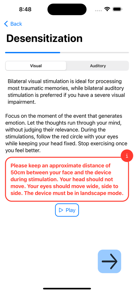 EMDR Assist+ - Interface do aplicativo EMDR Assist plus mostrando instruções de dessensibilização para estimulação visual e auditiva bilateral