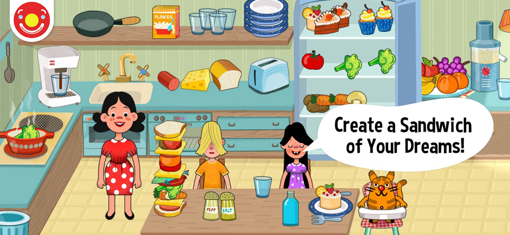 A kitchen scene in Pepi House where characters are building a very tall sandwich with a speech bubble saying Create a Sandwich of Your Dreams