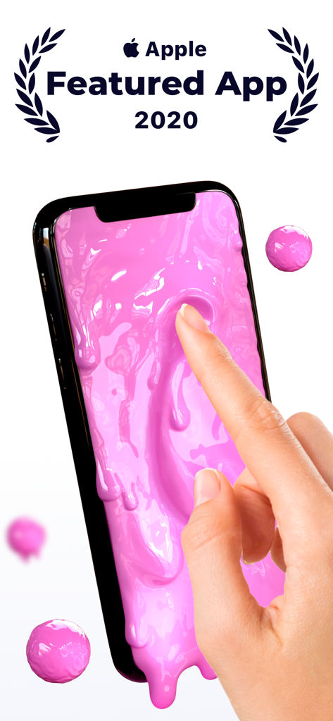 A finger interacting with realistic pink slime on a smartphone screen for ASMR stress relief.