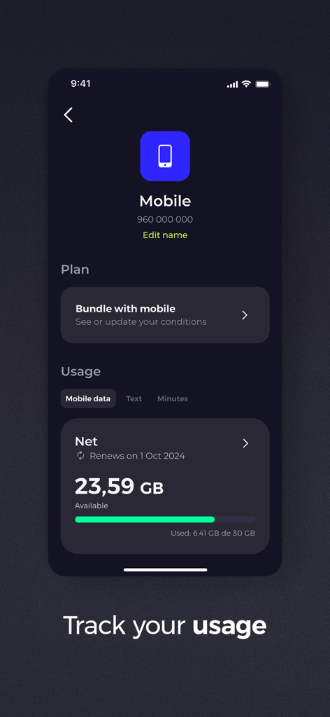Un'interfaccia smartphone dall'app my MEO che mostra statistiche sull'utilizzo dei dati mobili e sul saldo dati disponibile
