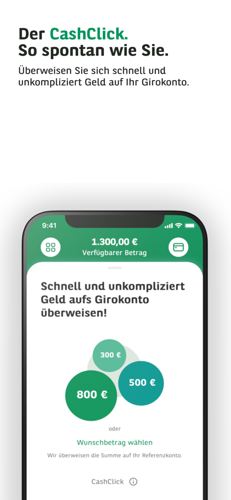 Interface da aplicação Consors Finanz mostrando a funcionalidade CashClick para transferências rápidas de dinheiro para uma conta à ordem com opções de montantes predefinidos