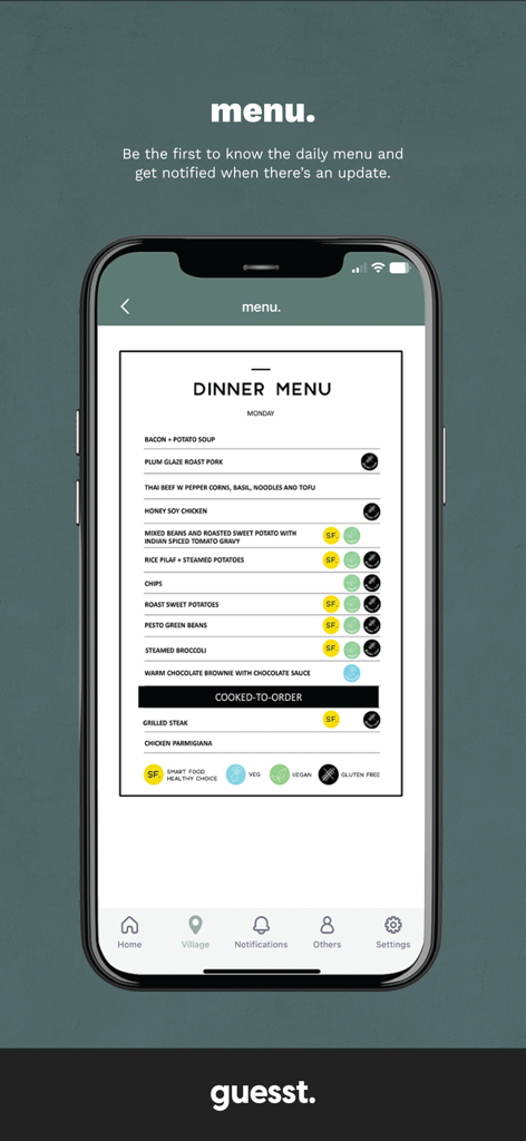 Una pantalla móvil que muestra el menú de la cena de la aplicación guesst con información dietética para los residentes de campamentos industriales.