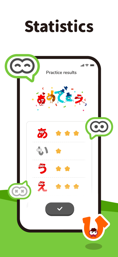 MOJiKana: Hiragana & Katakana - Pantalla de estadísticas de la aplicación MOJiKana que muestra los resultados de la práctica con calificaciones de estrellas para los caracteres Hiragana