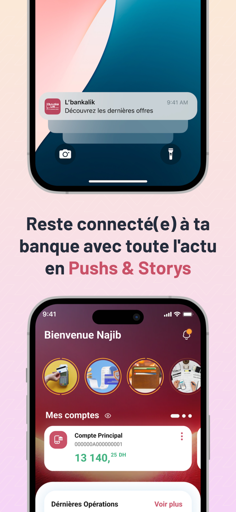 L'bankalik - Lbankalik mobile banking app interface showing push notifications and account dashboard