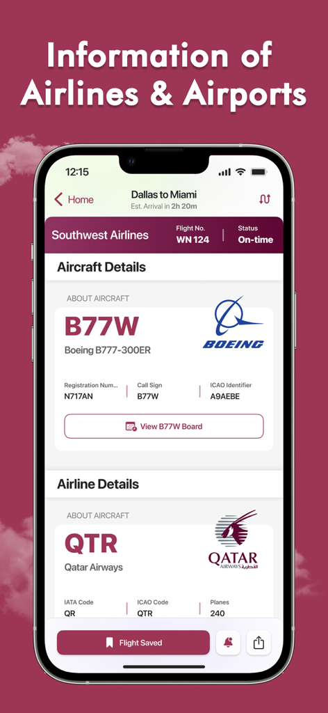 Spot Planes - Flights tracker - Una pantalla móvil que muestra especificaciones detalladas de aeronaves para un Boeing 777 e información de aerolínea para Qatar Airways