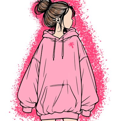 realistic girl with a oversized sweatshirt on and a bun