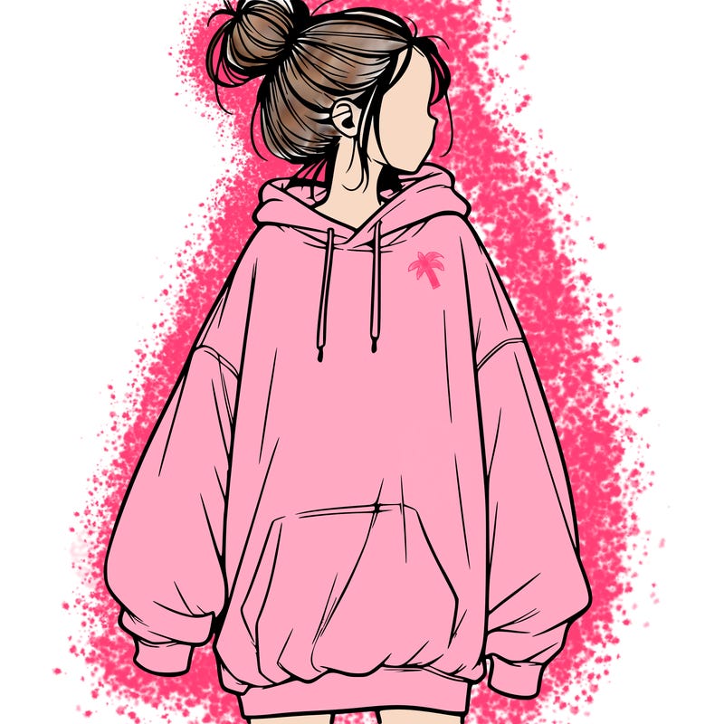 realistic girl with a oversized sweatshirt on and a bun