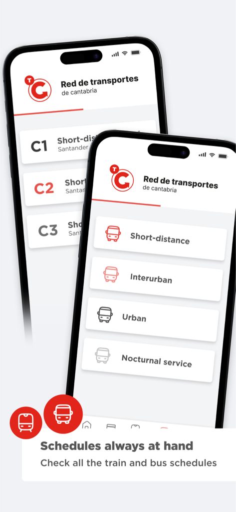 Horarios Transporte Cantabria - Menú principal y opciones de transporte de la aplicación móvil Horarios Transporte Cantabria