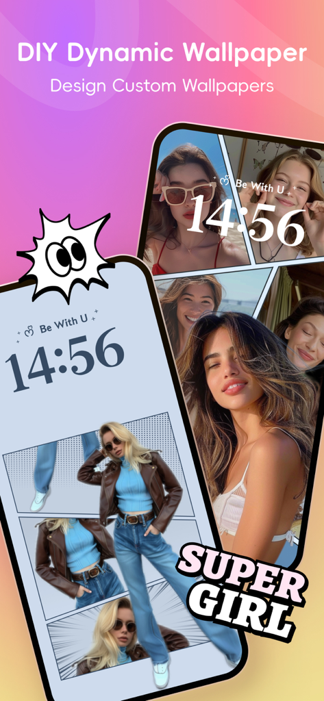 Mobile interface showing custom dynamic wallpaper designs with photo collages and aesthetic stickers.
