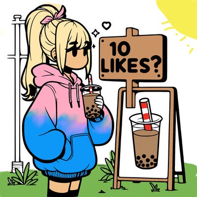 girl with oversized hoodie drinking boba and she has a high ponytail with a sign that says 10likes?