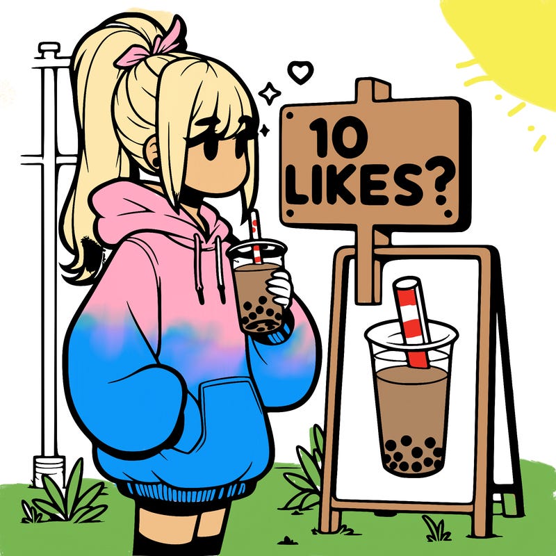 girl with oversized hoodie drinking boba and she has a high ponytail with a sign that says 10likes?