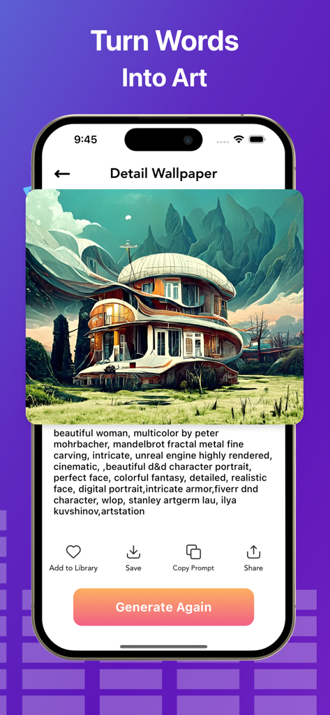 Captura de tela do aplicativo AI Music Generator exibindo uma obra de arte digital gerada de um prédio futurista a partir de um prompt de texto.