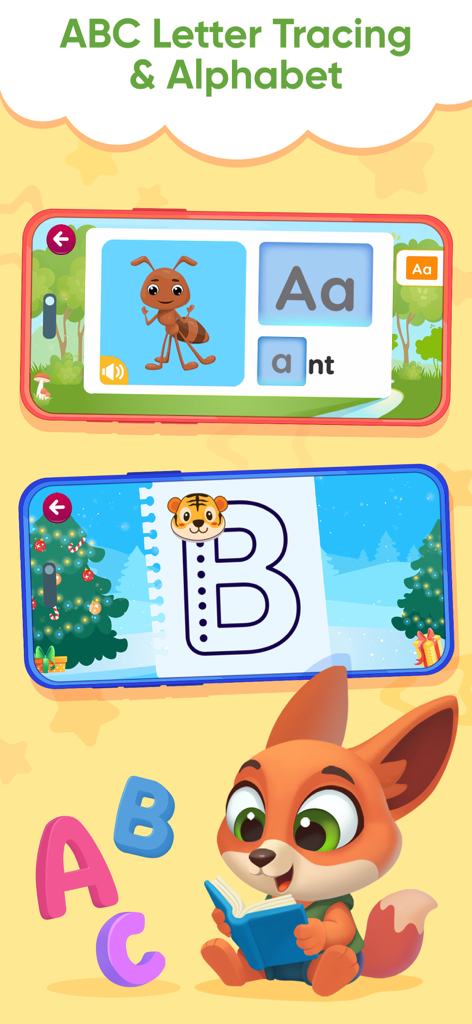 Preschool Games 2 4 Year Old - Niño pequeño aprendiendo el abecedario y trazando letras en la aplicación Binky Academy con lindos personajes de animales.