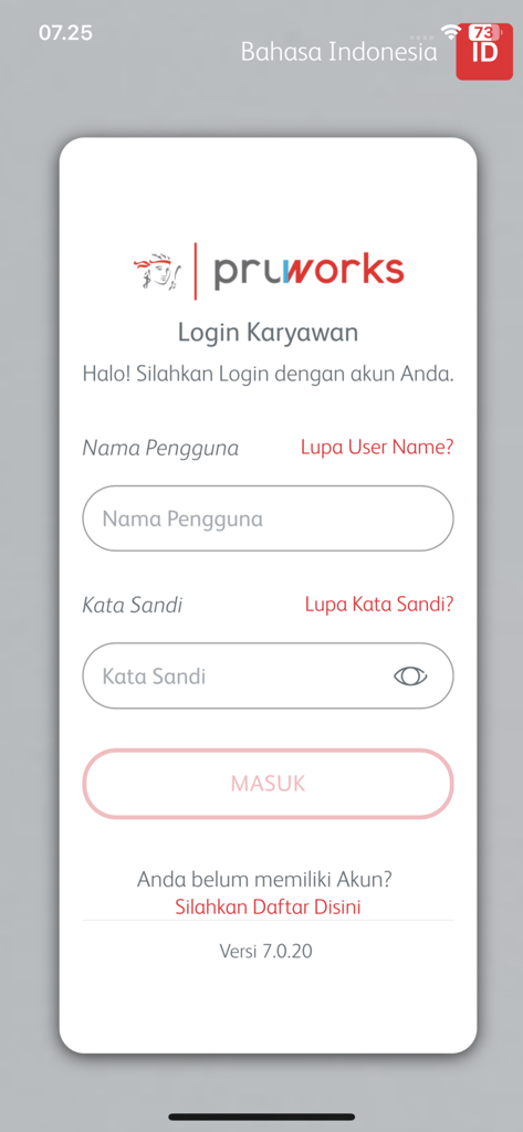 PRUWorks - PRUWorks mobile app employee login screen with username and password fields
