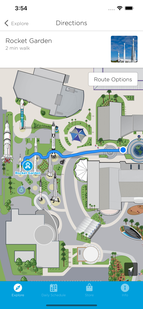 Map showing walking directions to the Rocket Garden in the Kennedy Space Center Visitor Complex.