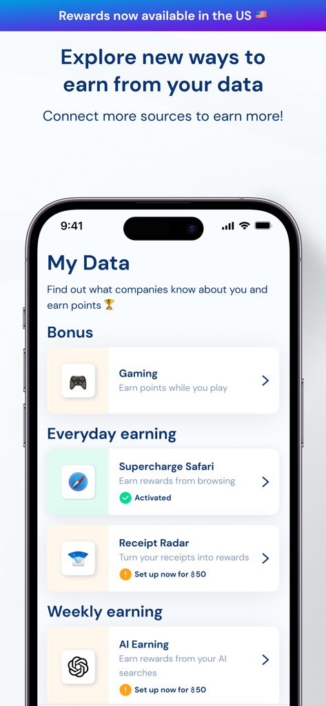 Gener8 - Earn From Your Data - A mobile app interface from Gener8 showing various ways to earn rewards from personal data including browsing and receipts